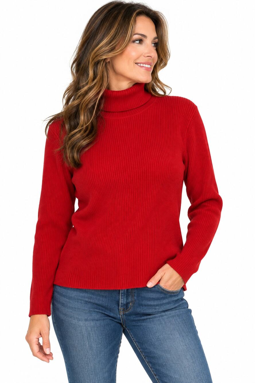 W160 Talbots Womens Large Red Ribbed Cotton Turtleneck Sweater Long Sleeve